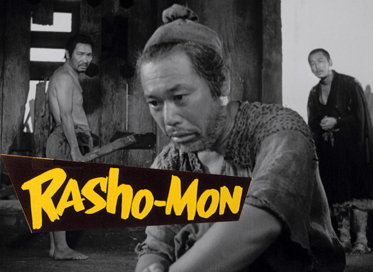 A still from Rashōmon showing three people, two standing and one kneeling up close, expressing great surprise. The word &lsquo;Rashomon&rsquo; floats in the foreground.